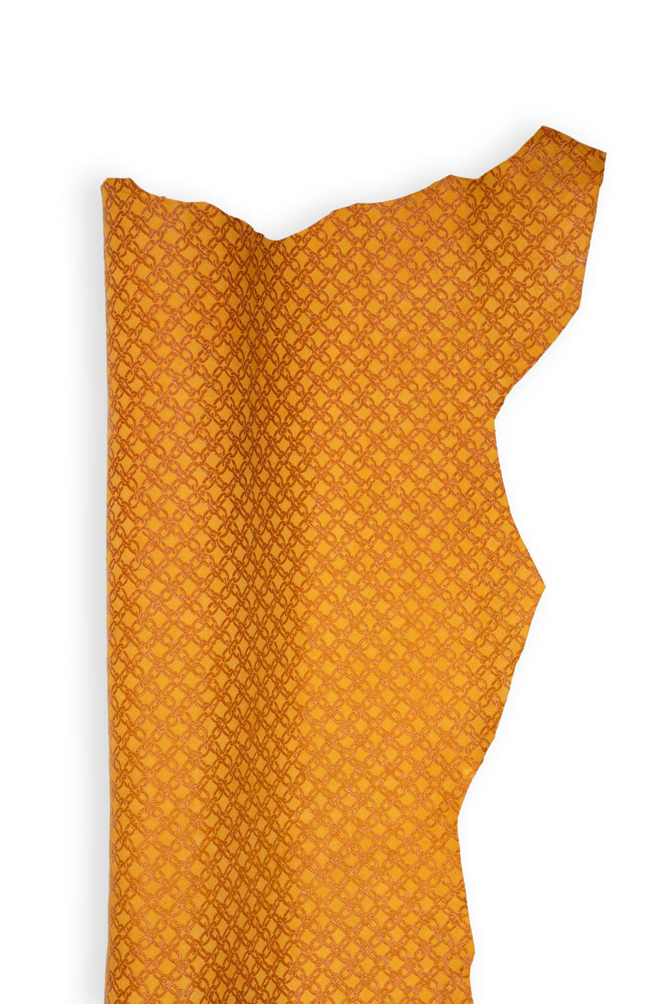 Lot of 4 mustard yellow leather hides featuring leopard print, camouflage, chain patterns, and abstract designs; ideal for crafting