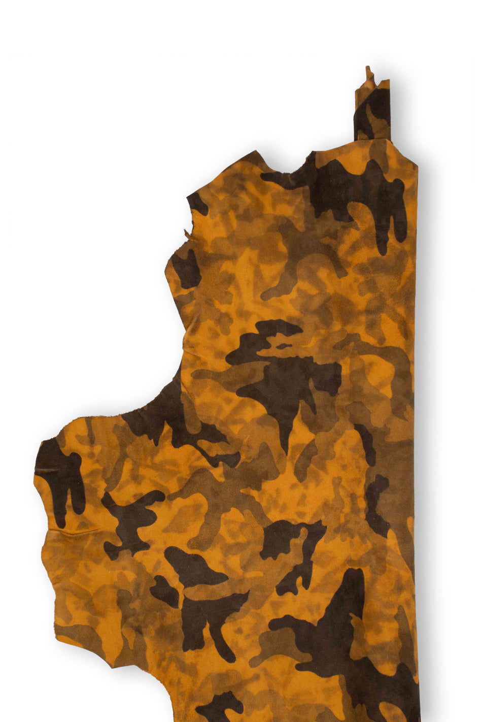 Lot of 4 mustard yellow leather hides featuring leopard print, camouflage, chain patterns, and abstract designs; ideal for crafting