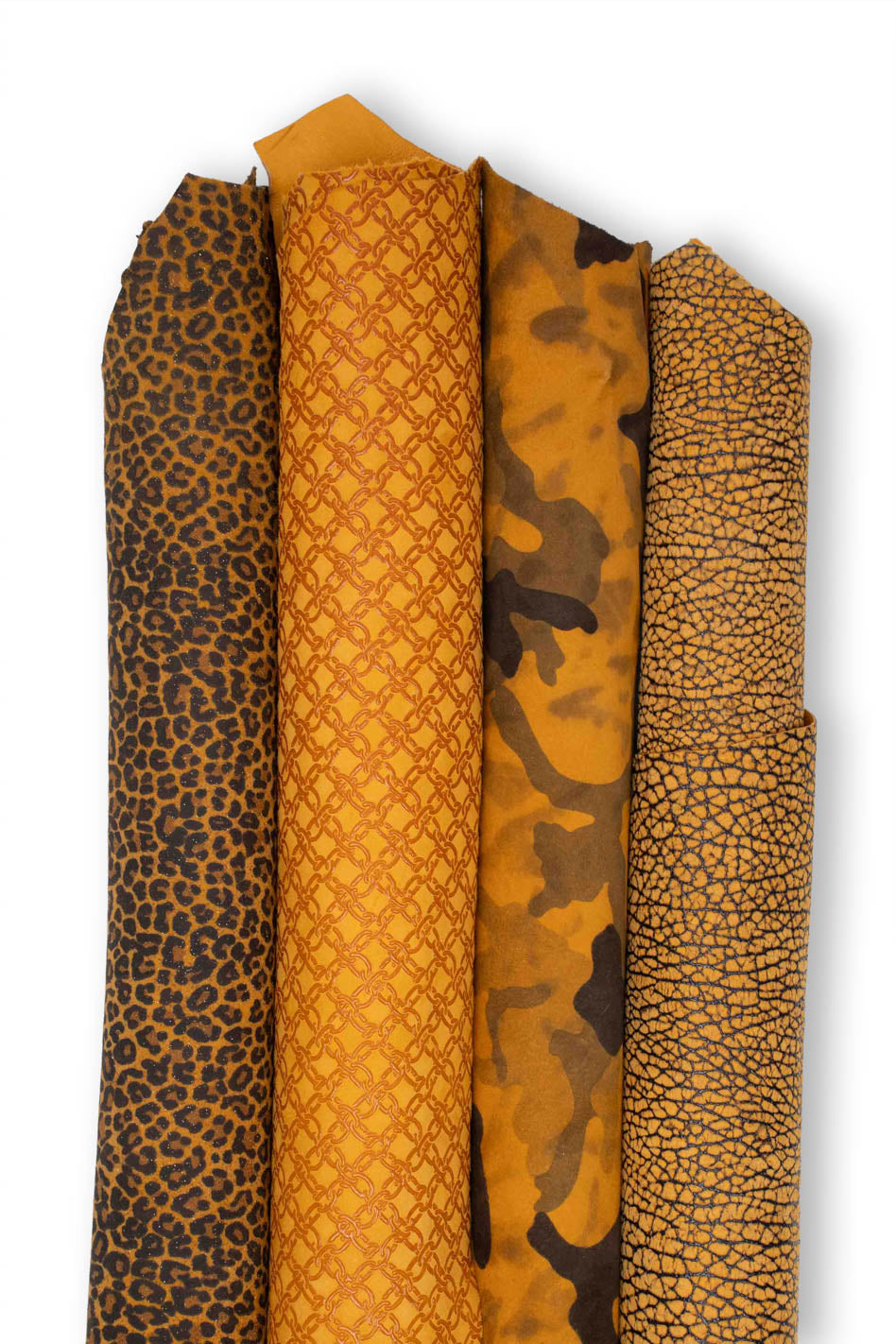 Lot of 4 mustard yellow leather hides featuring leopard print, camouflage, chain patterns, and abstract designs; ideal for crafting