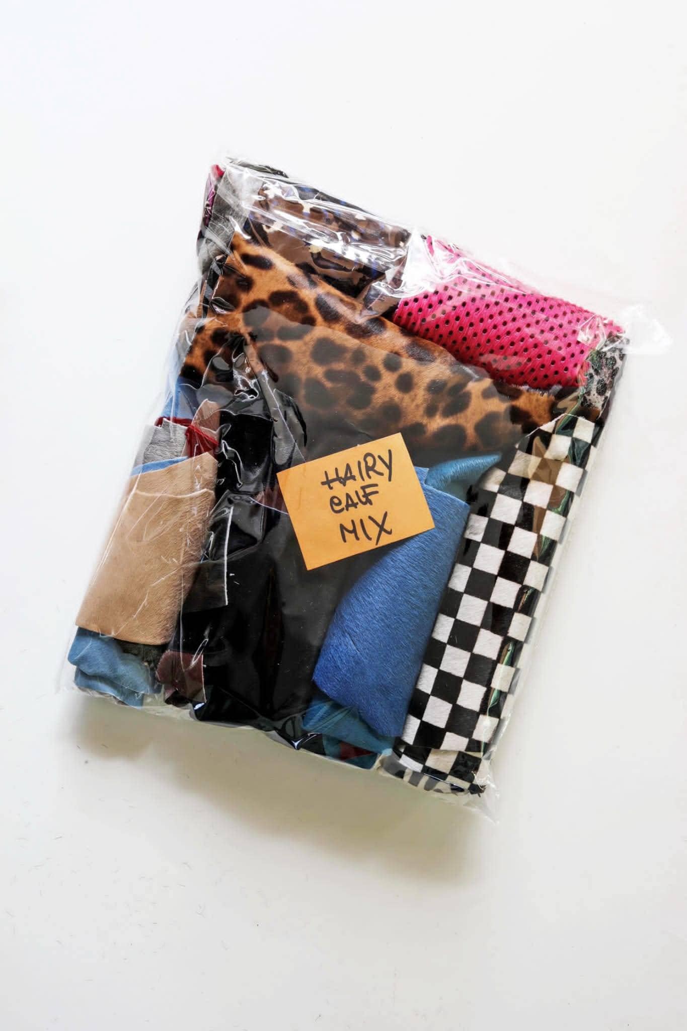 Leather hairy calf printed and solid colors scraps bag, in total for 1 lbs (500 gr) and 2 lbs (1 kg) B007 La Garzarara