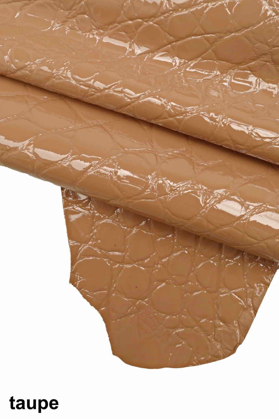 Beige nude PATENT leather hide, glossy crocodile embossed croco leather for handbags shoes accessories B12224-ST