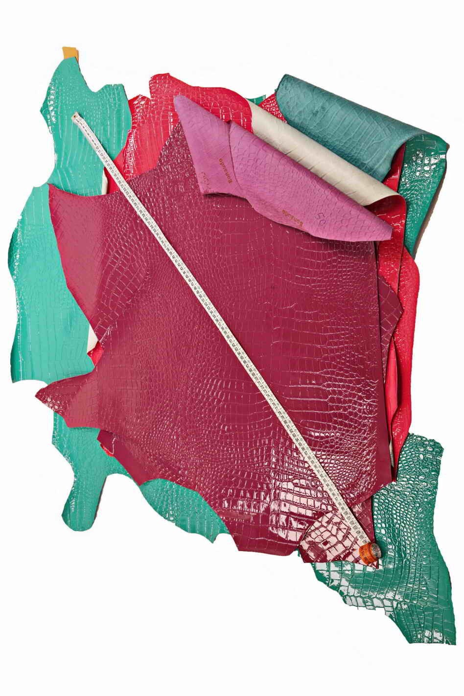 CROCODILE embossed leather hides - coral purple turquoise glossy laquer croc printed cowhide, alligator calfskin B12221-ST La Garzarara