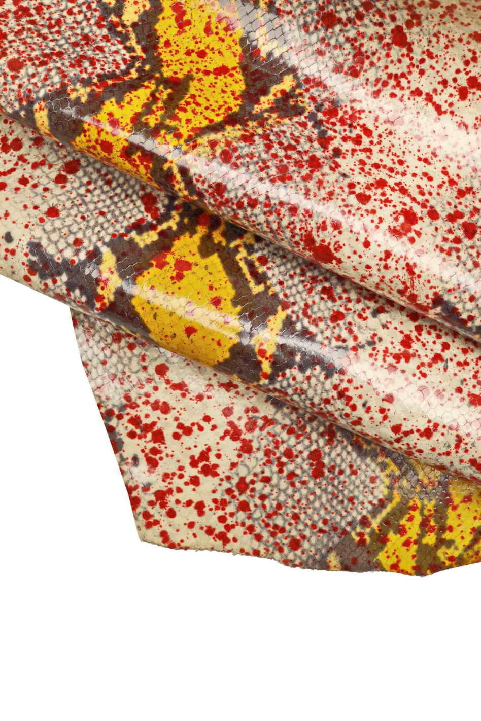 SPLASH python print leather – glossy SNAKE goatskin with red, yellow, grey pattern – for leathercraft and bags – LaGarzarara B13300-ST