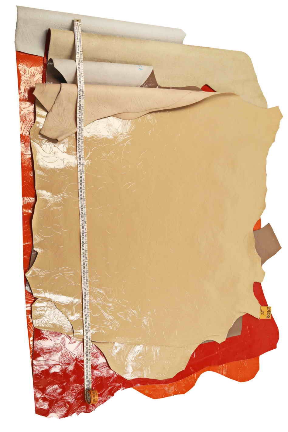 Floral leather hides - powder pink/taupe/orange patent printed cowhide - glossy embossed italian skins B12105-ST