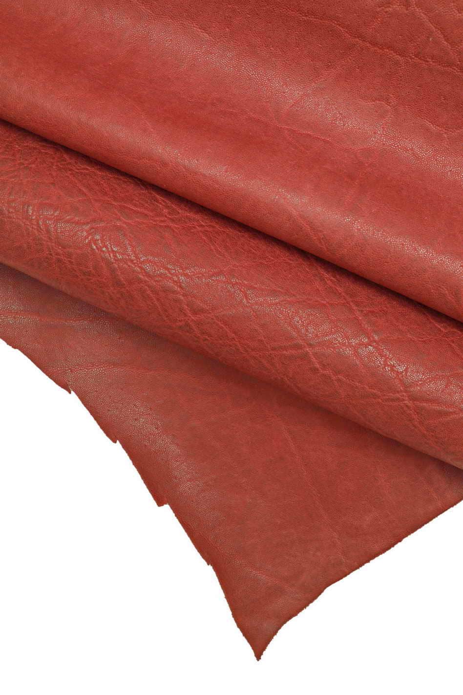 Deep Red Pebble Grain Leather Hide – Textured Buffalo Wrinkle Print, Stiff Italian Distressed Cowhide B13240-VT