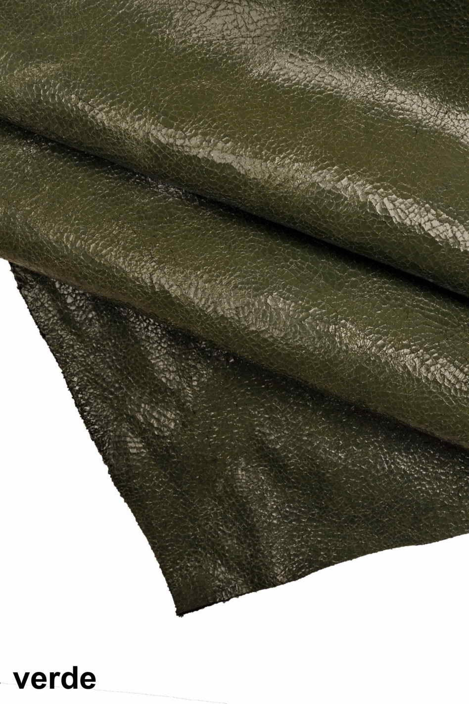 Crinkly leather hides, Green grey purple glossy wrinkled cowhide, crackled shiny skins B13234-ST La Garzarara