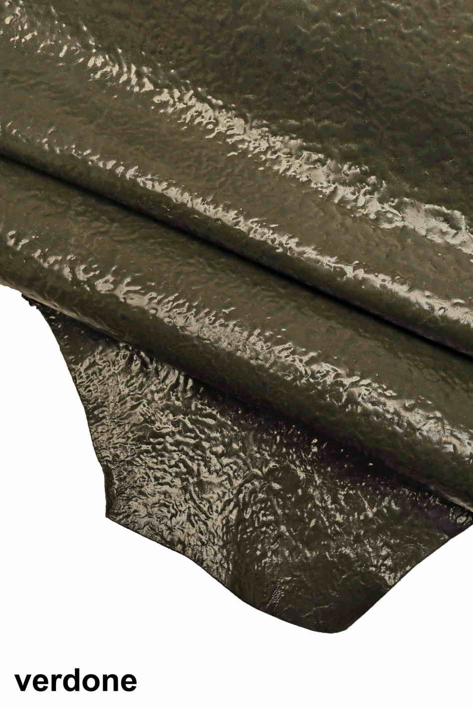 Glossy wrinkled LEATHER hides, green /grey / blue / black shiny textured skins B13332-ST La Garzarara