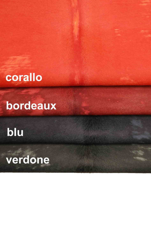 ACID WASH hair on leather hides - coral burgundy blue green pony calf skins - distressed vintage cowhide B13601-CV La Garzarara