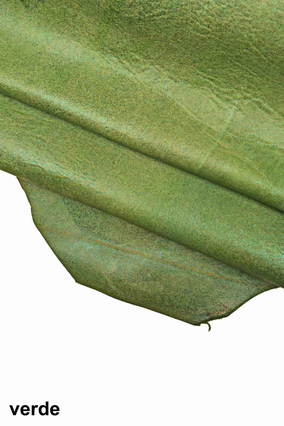 Thin thickness leather skins - grey green brown washed distressed hides - SPARKLES on vintage goatskin B13789-VT La Garzarara