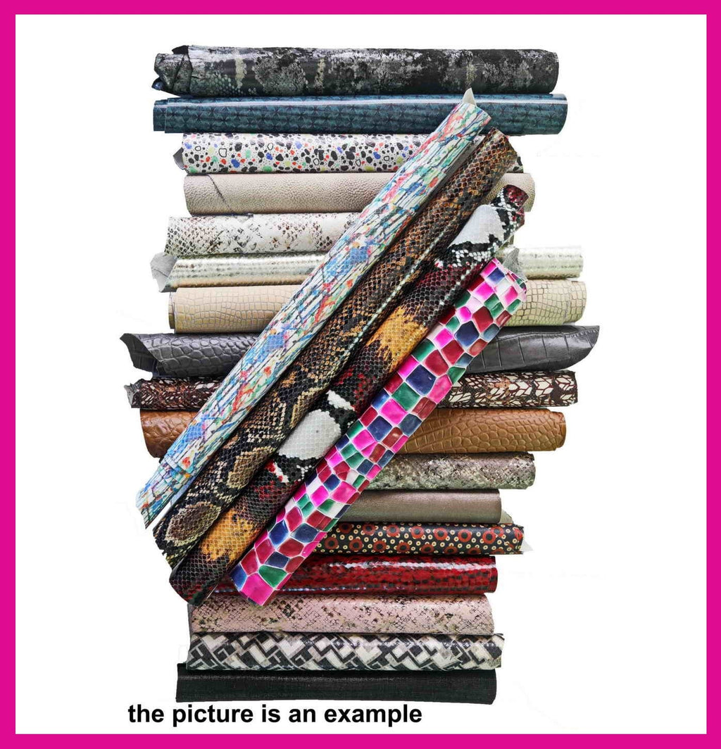 Soft Leather Pieces, Printed Random Assortment Leather scraps, Rich Patterned Offcuts 1 lbs - 1,7 lbs - 2 lbs - 4 lbs