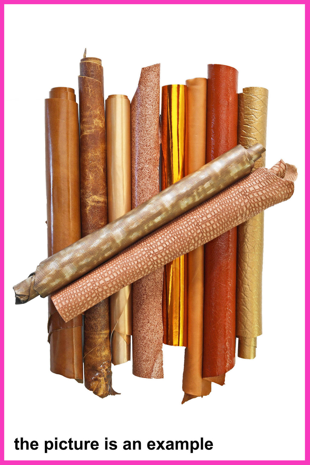 Brown leather scaps lot, mix large cognac leather pieces, random renmants mix of smooth printed and laminated leather 10 or 15 pcs B084