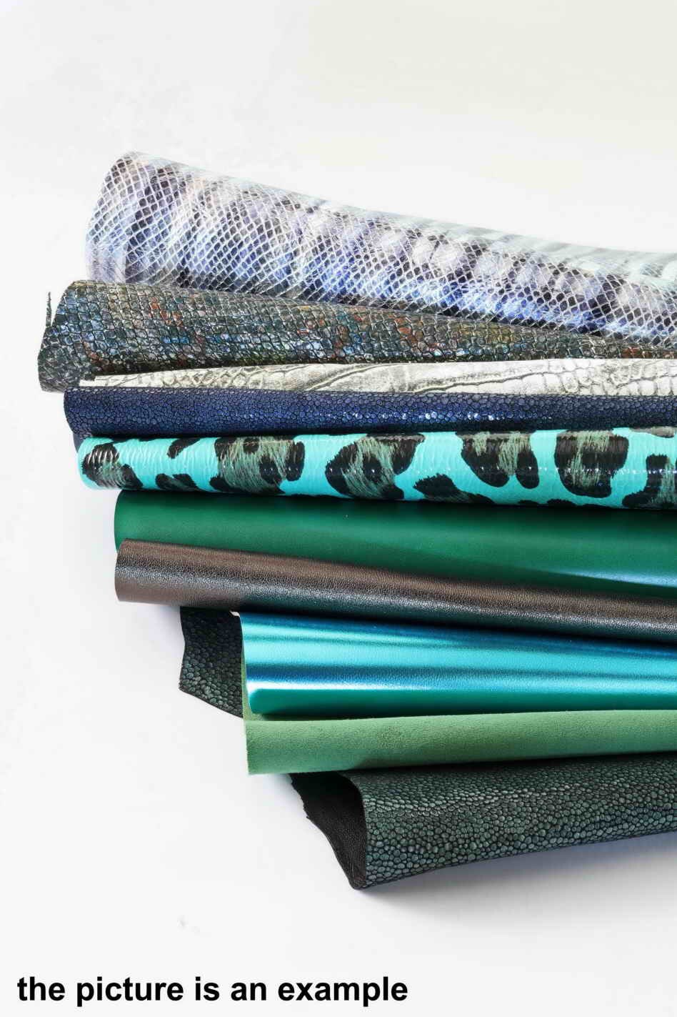 Green Blue Leather remnants , mixed printed laminated leather pieces, random scraps leather for craft B088