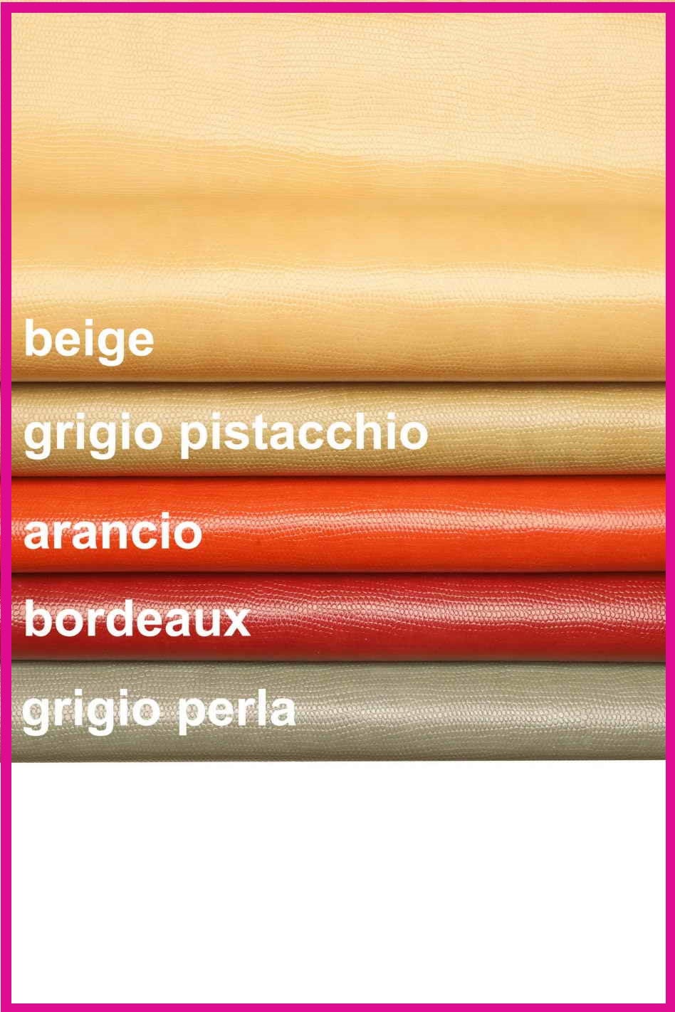 LIZARD embossed LEATHER hide, beige, pistachio grey, orange, burgundy, pearl grey tejus printed calfskin, glossy skin B13989-ST La Garzarara
