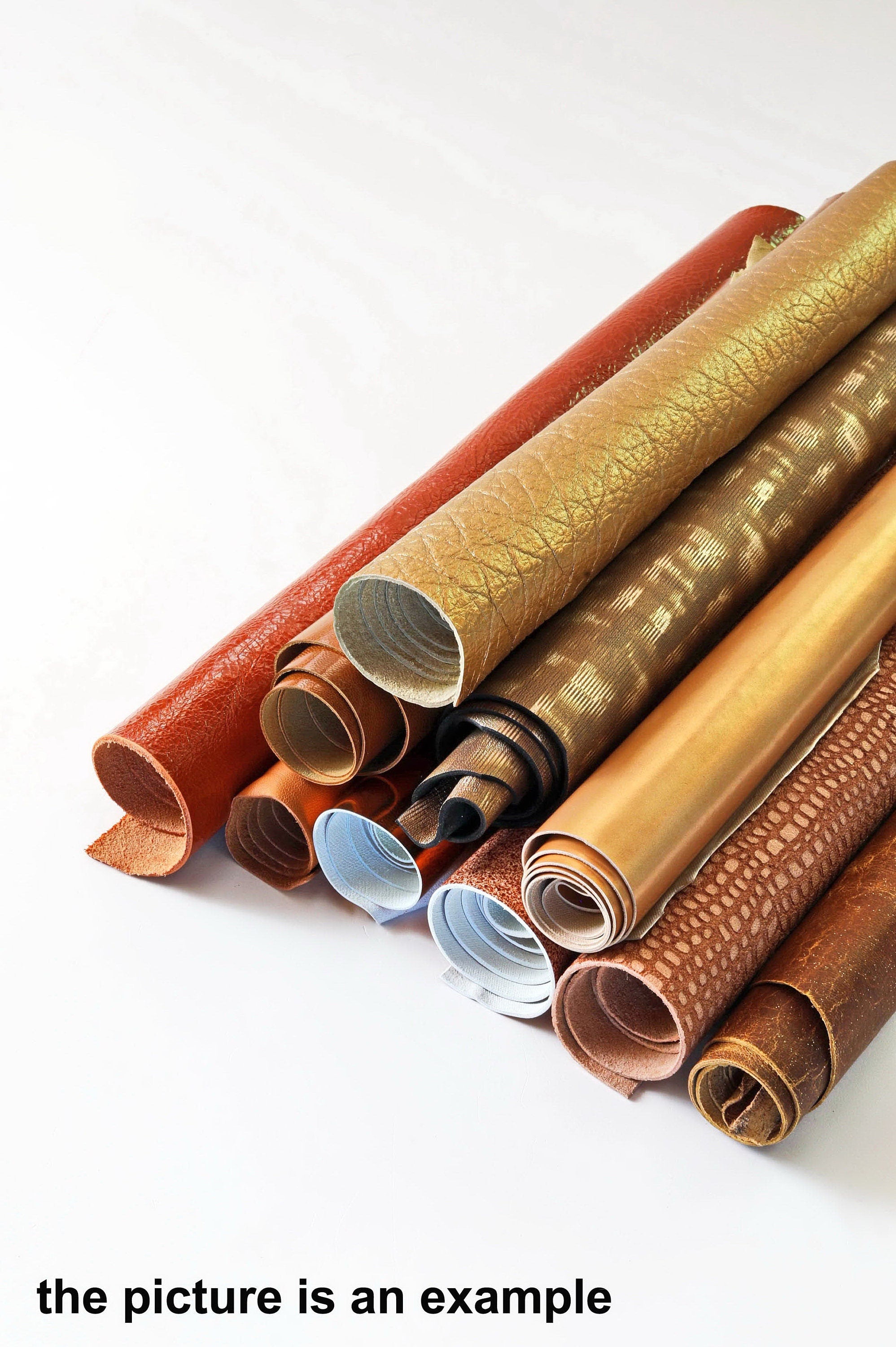 Brown leather scaps lot, mix large cognac leather pieces, random renmants mix of smooth printed and laminated leather 10 or 15 pcs B084