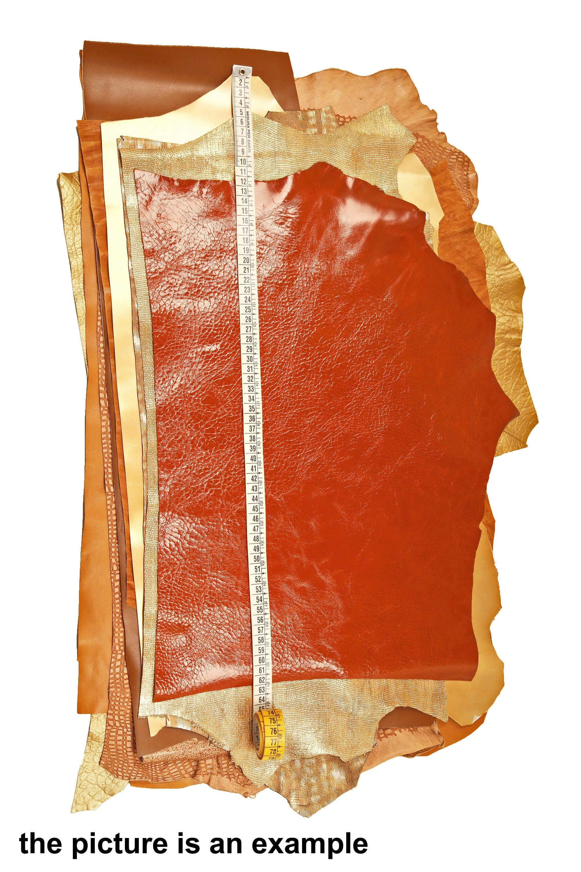 Brown leather scaps lot, mix large cognac leather pieces, random renmants mix of smooth printed and laminated leather 10 or 15 pcs B084