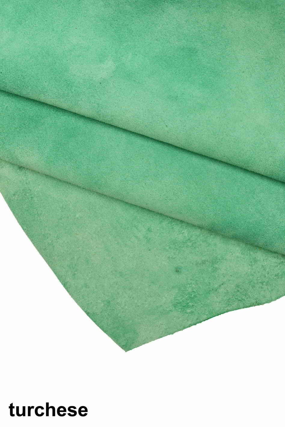 Colored suede calf leather hide, soft cowhide skin for bags and accessories, color options yellow and tourquoise B14111-TU La Garzarara