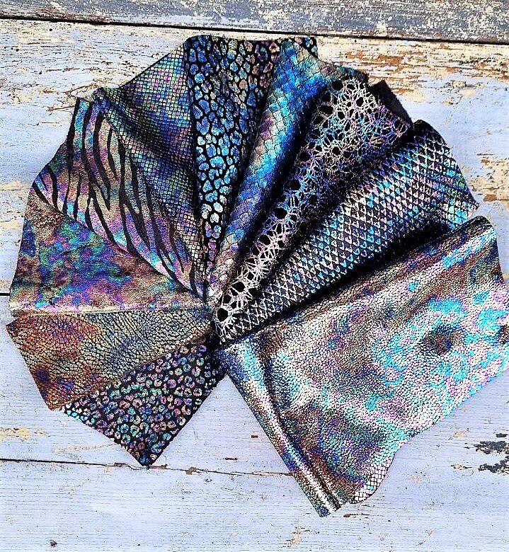 10 Selected leather pieces, HOLOGRAPHIC textured, mix colorful selection leather remnants as per pictures RT10 La Garzarara