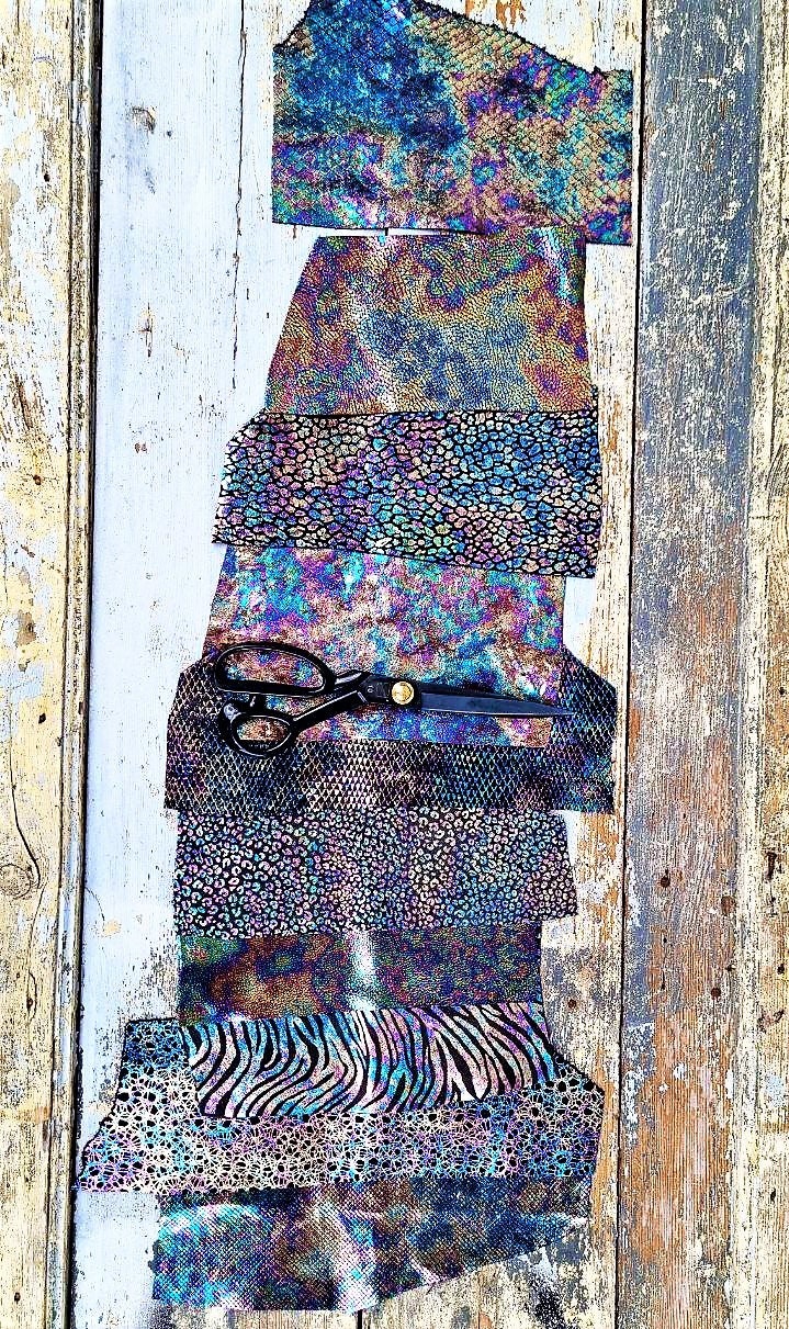 10 Selected leather pieces, HOLOGRAPHIC textured, mix colorful selection leather remnants as per pictures RT10 La Garzarara