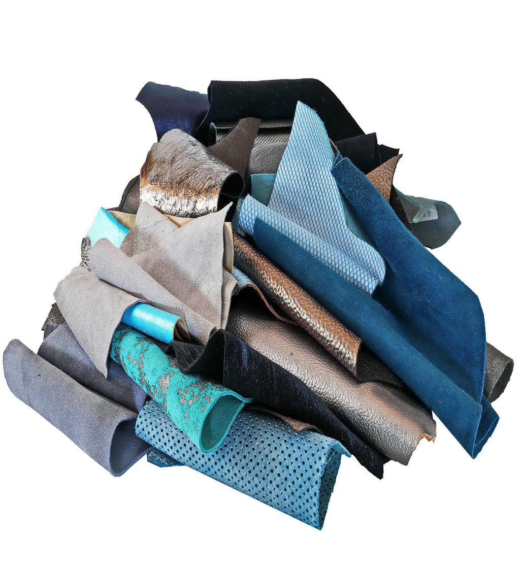 Assorted Blue and Grey Craft Leather, 5x6 Pieces, Mixed Shades Textures and Finishes 0,7 lbs to 2 lbs B053