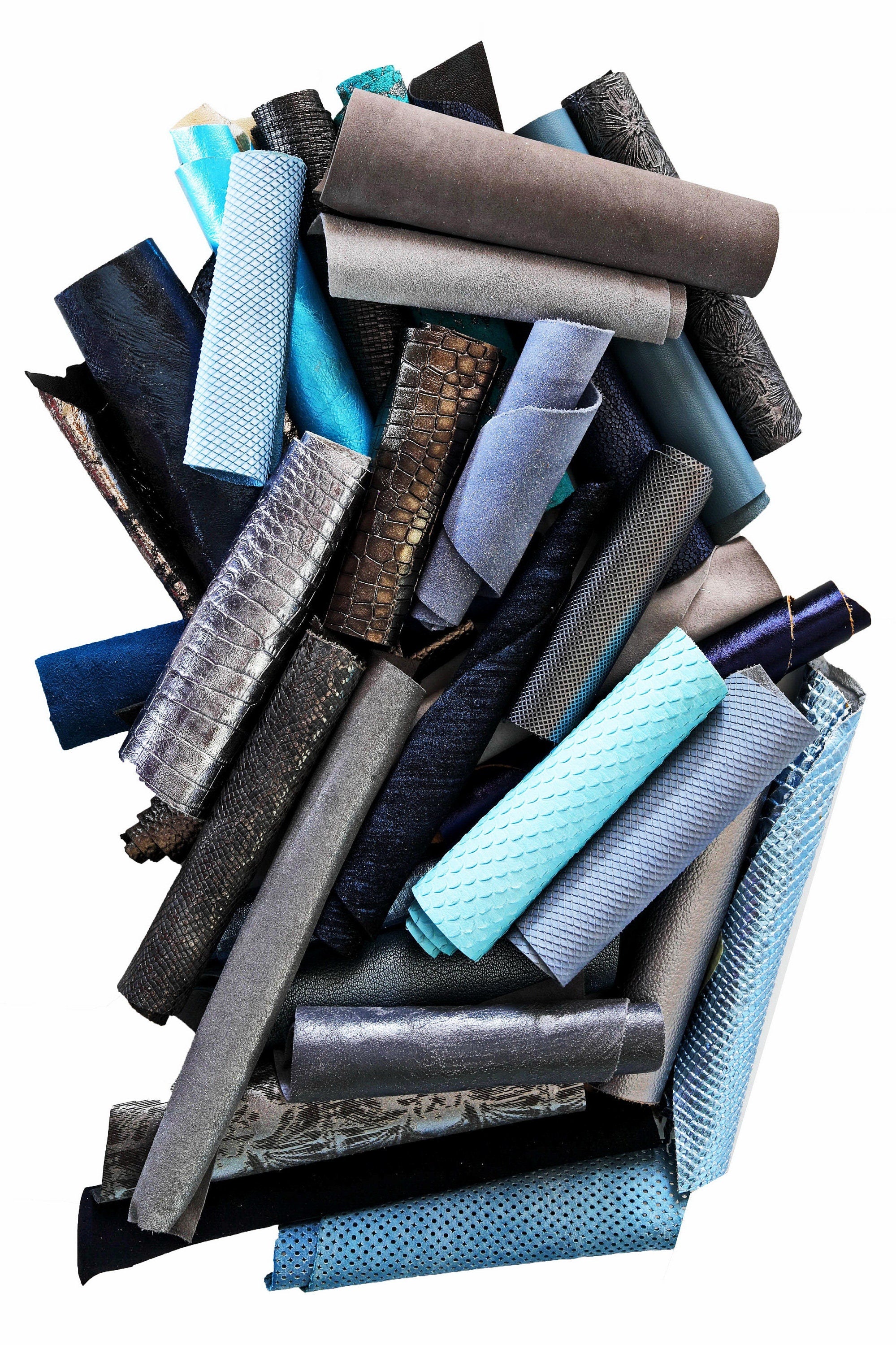 Assorted Blue and Grey Craft Leather, 5x6 Pieces, Mixed Shades Textures and Finishes 0,7 lbs to 2 lbs B053