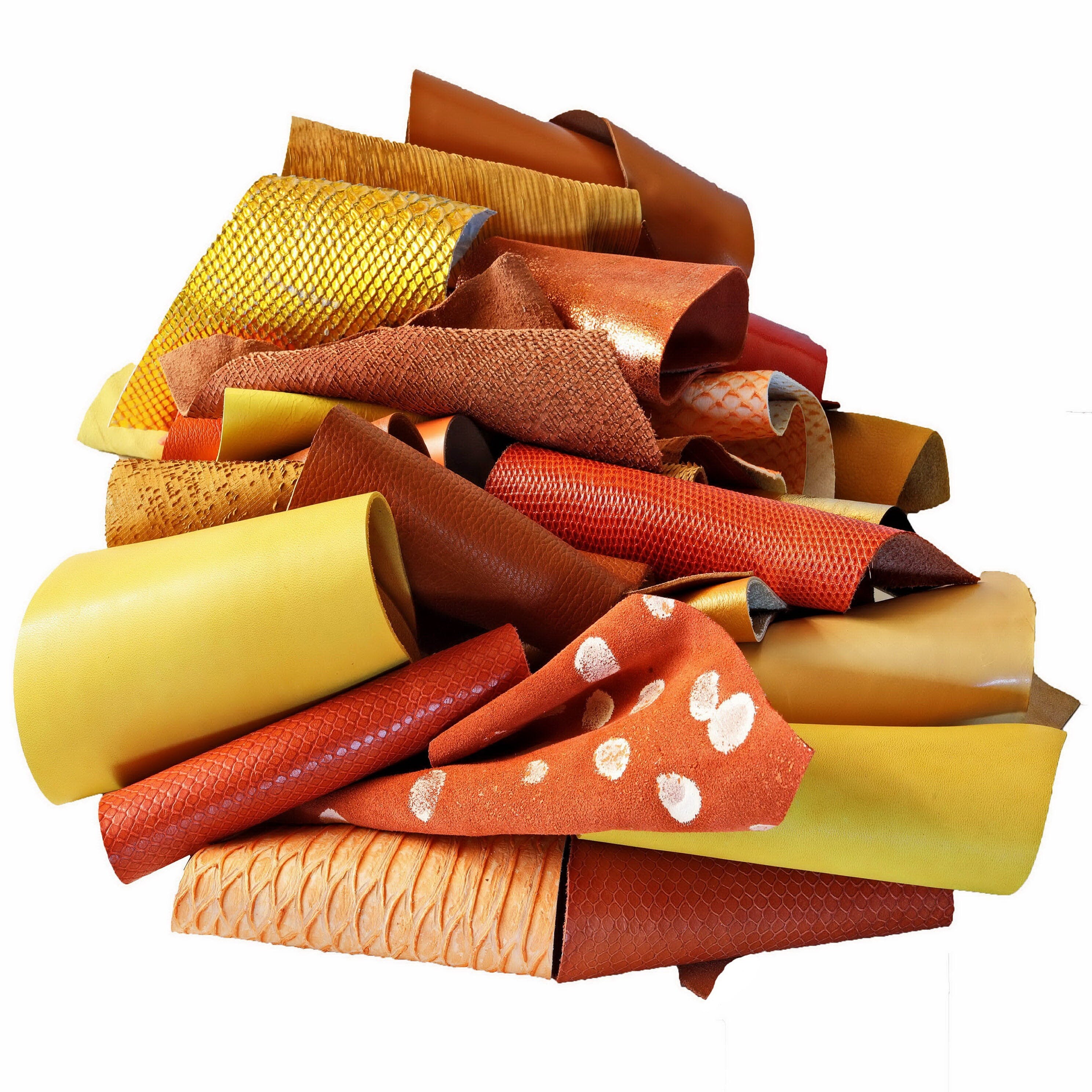 Orange and Gold Leather Scraps, Yellow Craft Offcuts, Mixed Patterns Textures and Special Finishes for Jewelry for 1 lbs and 2 lbs B055