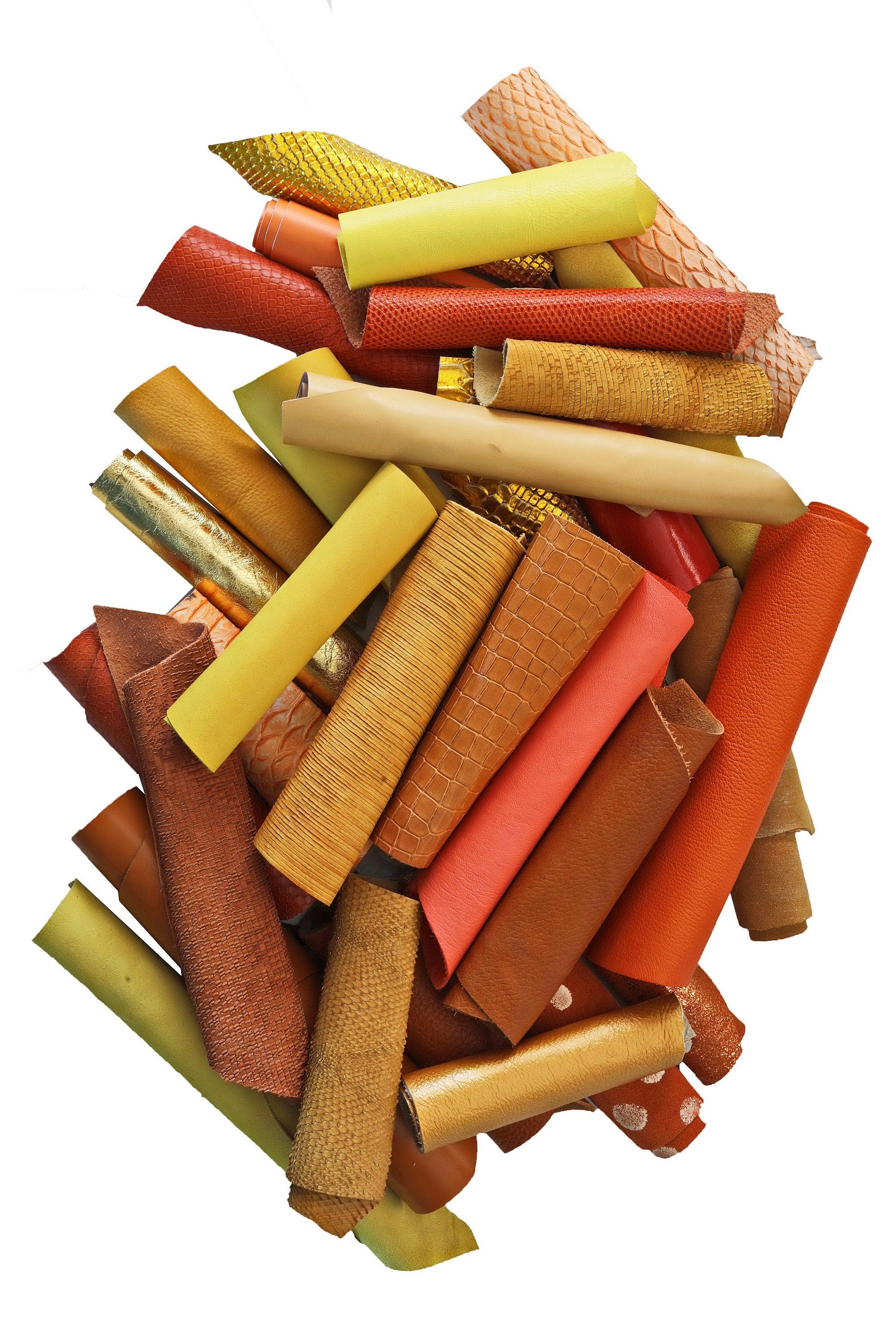 Orange and Gold Leather Scraps, Yellow Craft Offcuts, Mixed Patterns Textures and Special Finishes for Jewelry for 1 lbs and 2 lbs B055