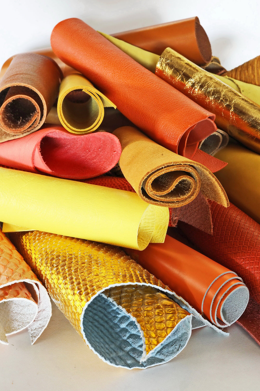 Orange and Gold Leather Scraps, Yellow Craft Offcuts, Mixed Patterns Textures and Special Finishes for Jewelry for 1 lbs and 2 lbs B055