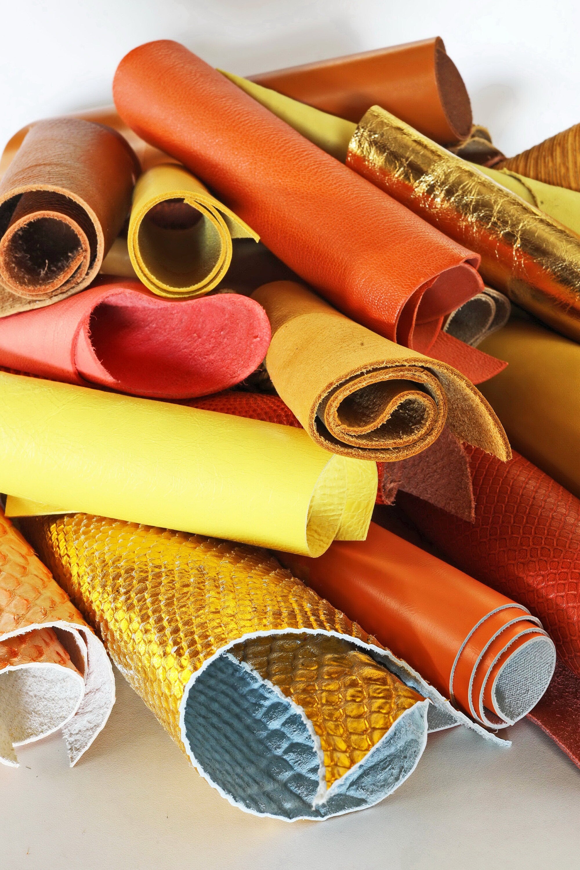 Orange and Gold Leather Scraps, Yellow Craft Offcuts, Mixed Patterns Textures and Special Finishes for Jewelry for 1 lbs and 2 lbs B055