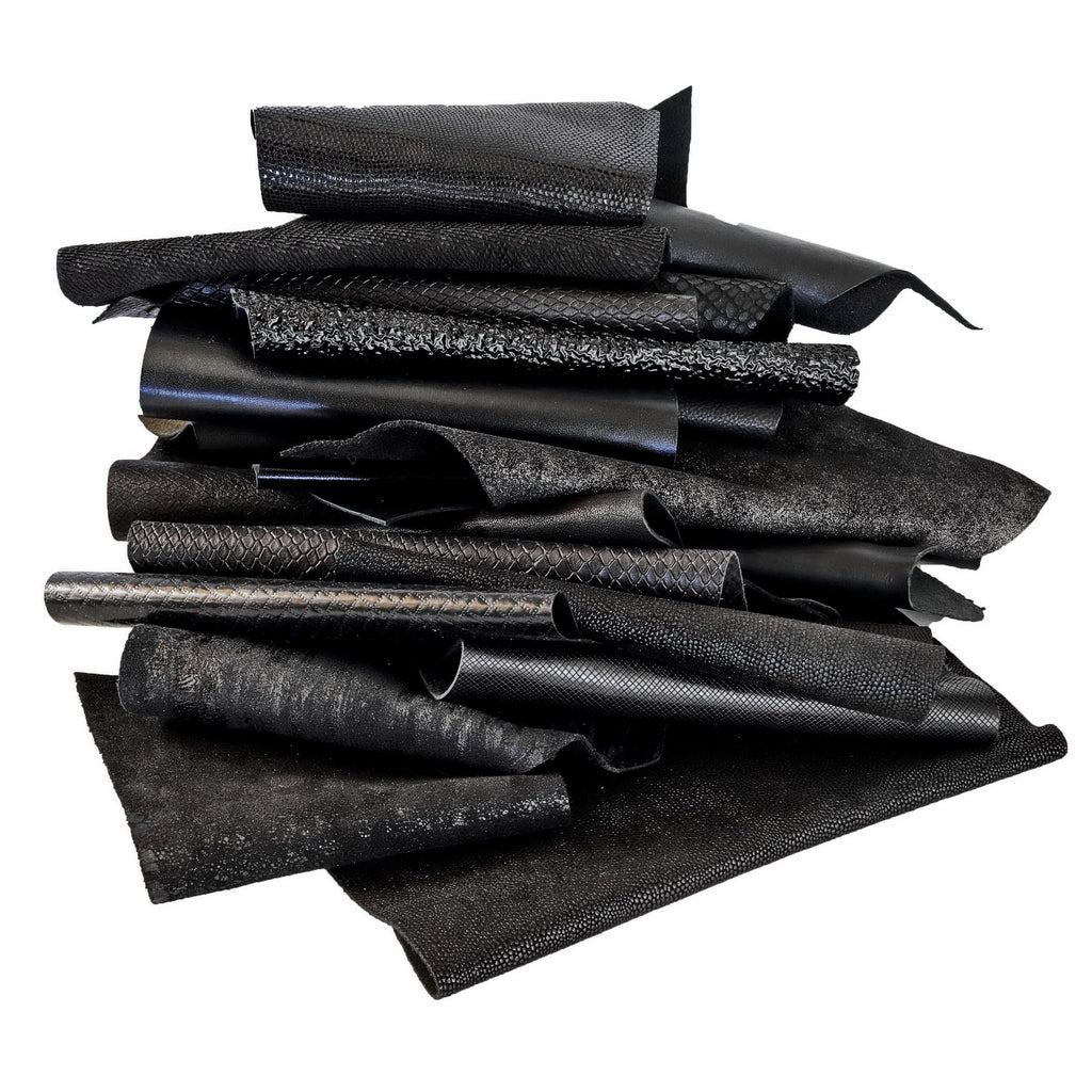 Jet Black Leather Pieces, Textured and Glossy Offcuts Black Leather Remnants, Mixed Texture Scraps B078