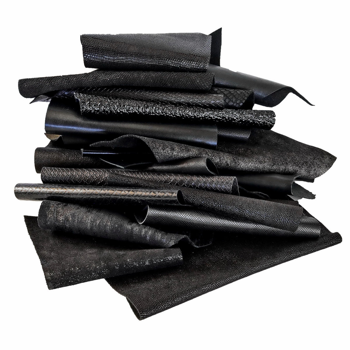Jet Black Leather Pieces, Textured and Glossy Offcuts Black Leather Remnants, Mixed Texture Scraps B078