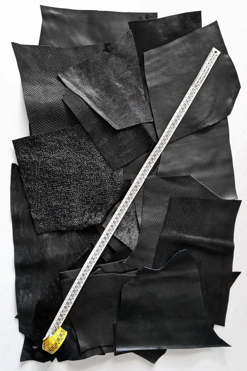Jet Black Leather Pieces, Textured and Glossy Offcuts Black Leather Remnants, Mixed Texture Scraps B078