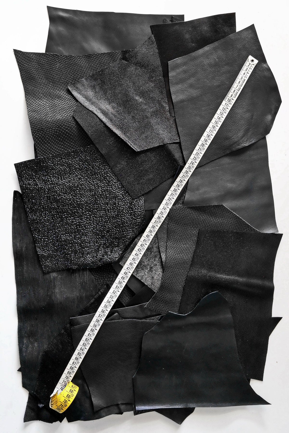 Jet Black Leather Pieces, Textured and Glossy Offcuts Black Leather Remnants, Mixed Texture Scraps B078