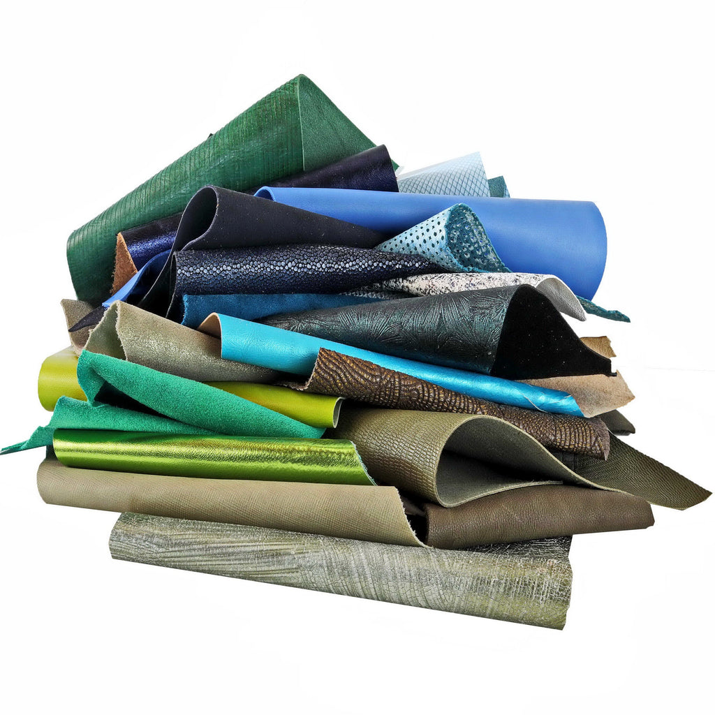 Blue green LEATHER scraps mix, printed and laminated leather pieces with different softness sold by weight 0.300–1 kg B079 La Garzarara