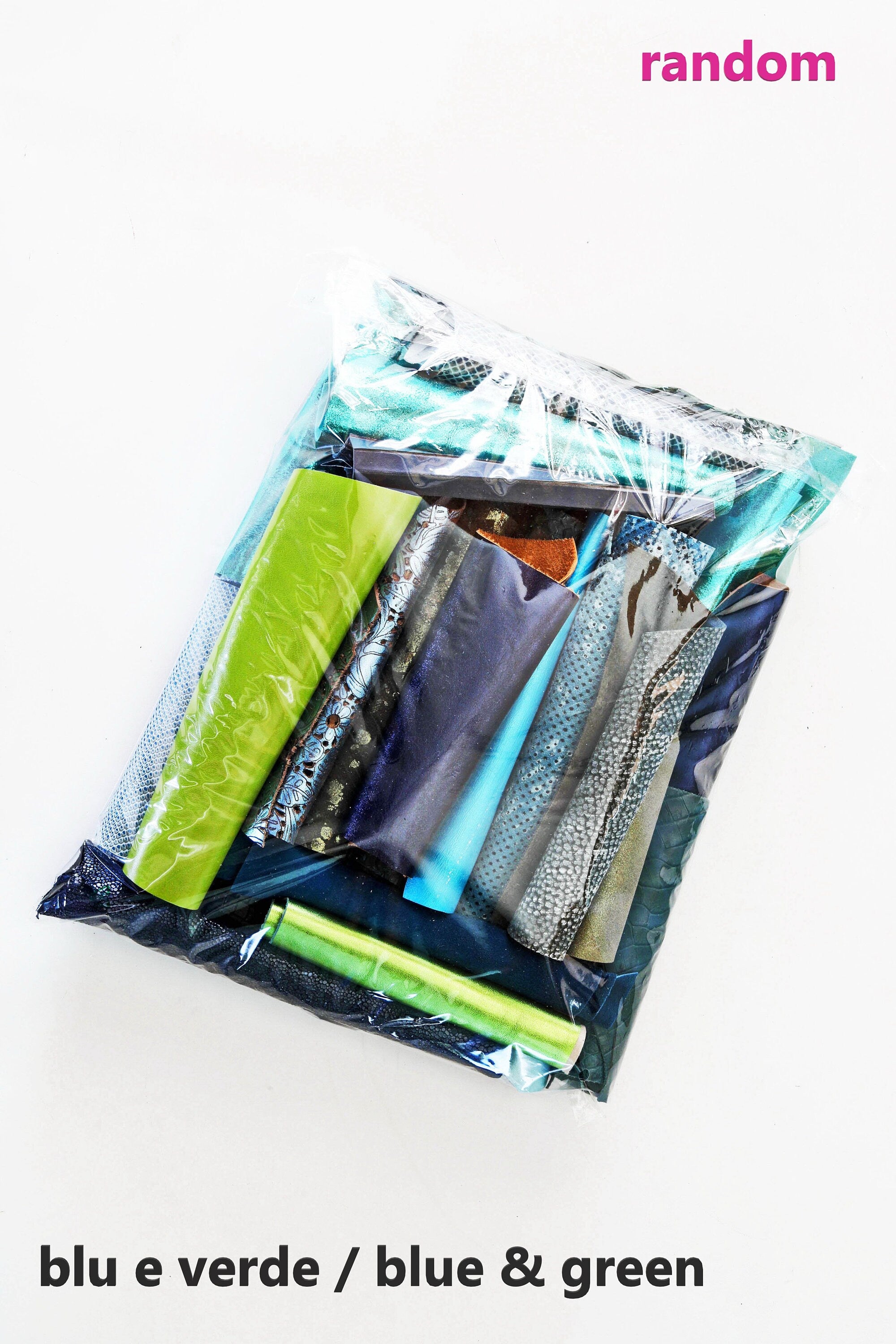 Blue green LEATHER scraps mix, printed and laminated leather pieces with different softness sold by weight 0.300–1 kg B079 La Garzarara