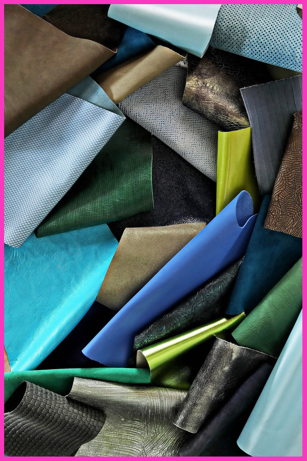 Blue green LEATHER scraps mix, printed and laminated leather pieces with different softness sold by weight 0.300–1 kg B079 La Garzarara