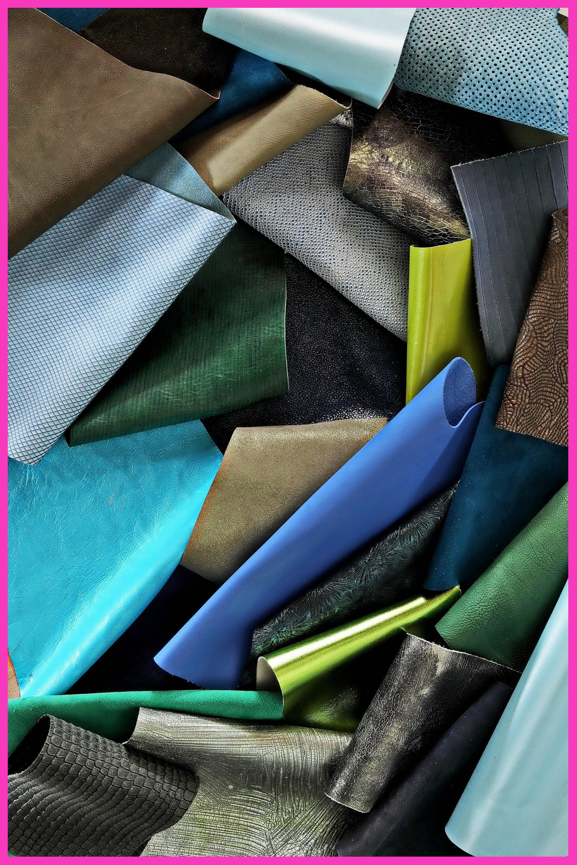 Blue green LEATHER scraps mix, printed and laminated leather pieces with different softness sold by weight 0.300–1 kg B079 La Garzarara