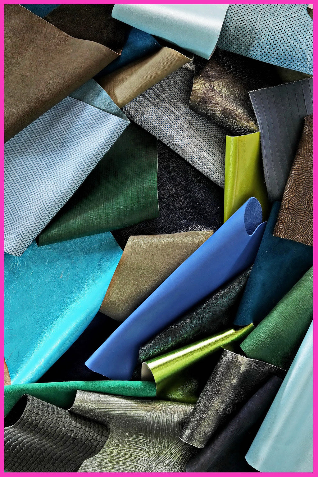 Blue green LEATHER scraps mix, printed and laminated leather pieces with different softness sold by weight 0.300–1 kg B079 La Garzarara