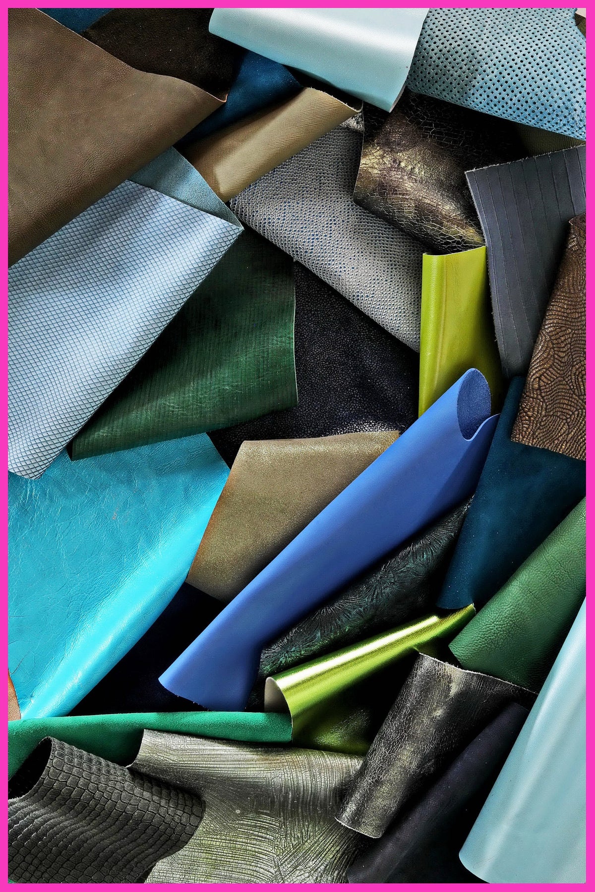 Blue green LEATHER scraps mix, printed and laminated leather pieces with different softness sold by weight 0.300–1 kg B079 La Garzarara