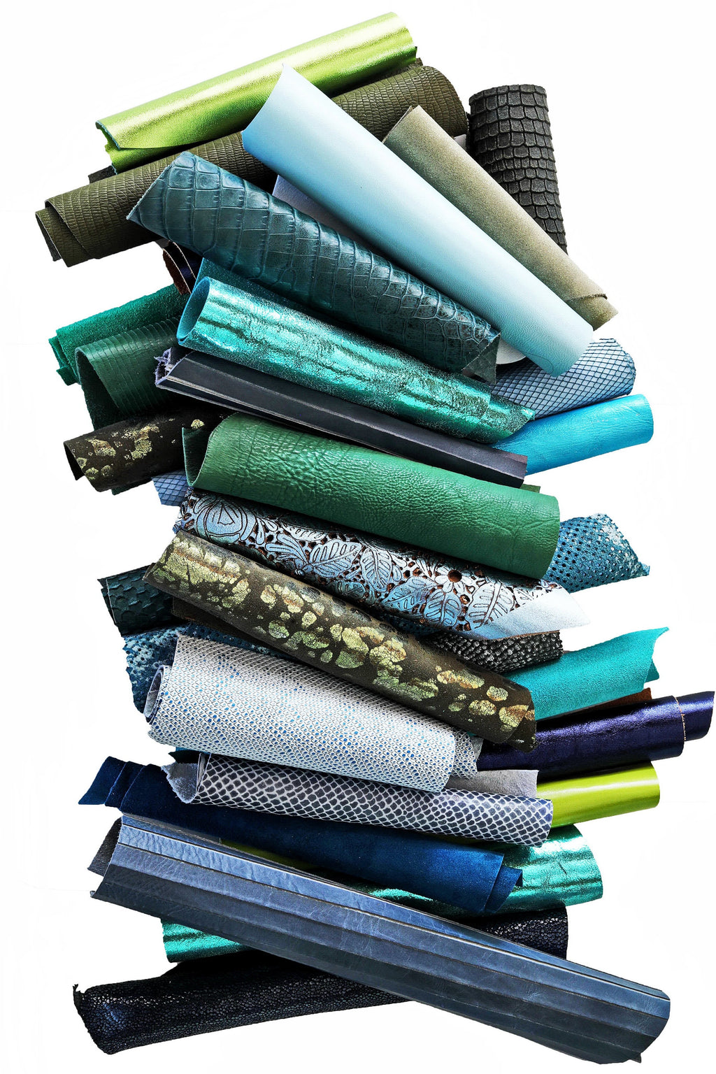 Blue green LEATHER scraps mix, printed and laminated leather pieces with different softness sold by weight 0.300–1 kg B079 La Garzarara