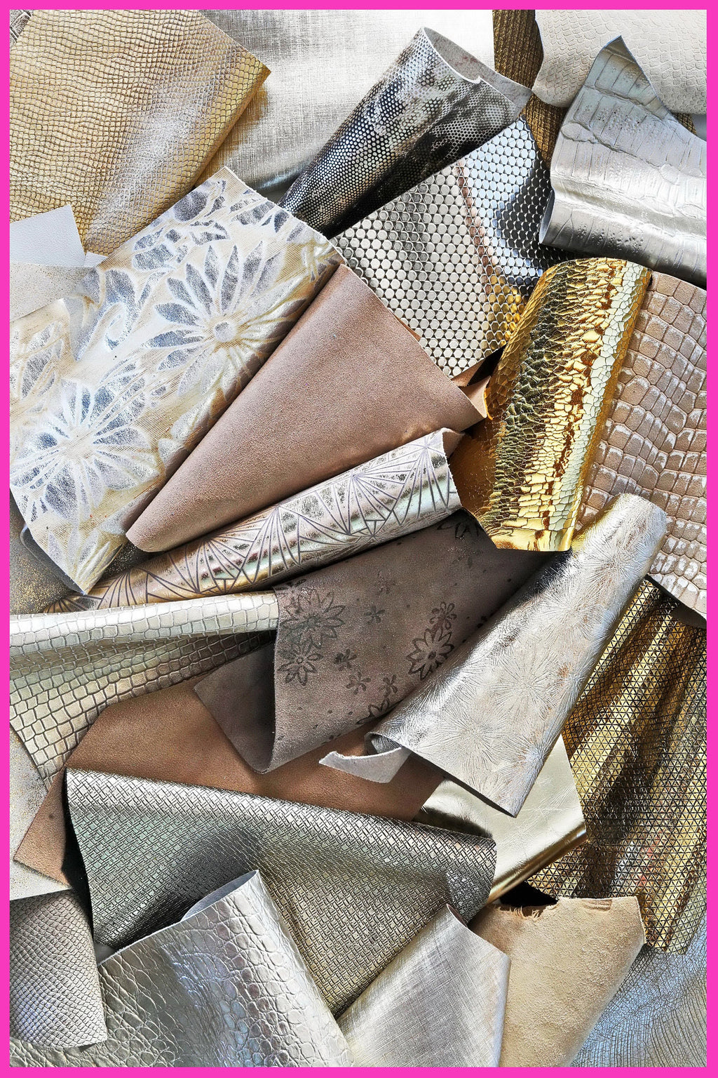 Leather scraps bag, GOLD, PLATINUM and BEIGE tones, fancy textures, foils and softness various, from 0,7 lbs to 2 lbs B080