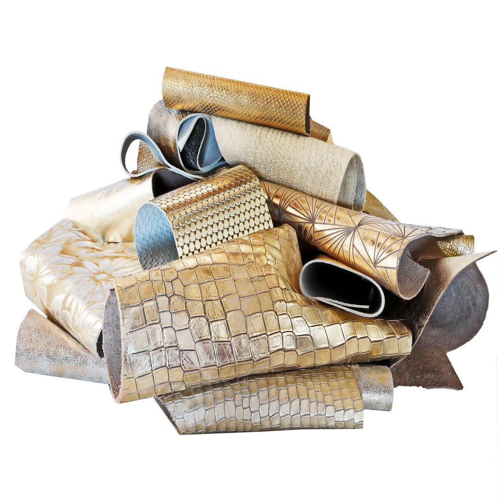 Leather scraps bag, GOLD, PLATINUM and BEIGE tones, fancy textures, foils and softness various, from 0,7 lbs to 2 lbs B080
