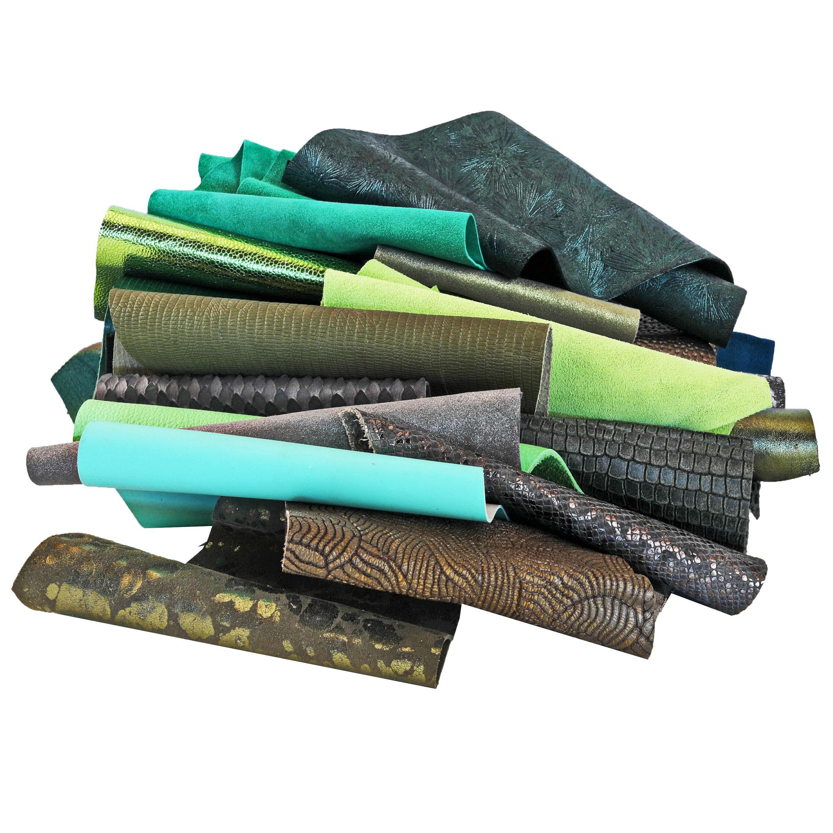 Assorted Green and Grey Leather, 5x6 Craft Cuts, Mixed Colors Textures and Finishes Leather scraps for crafter B052 La Garzarara