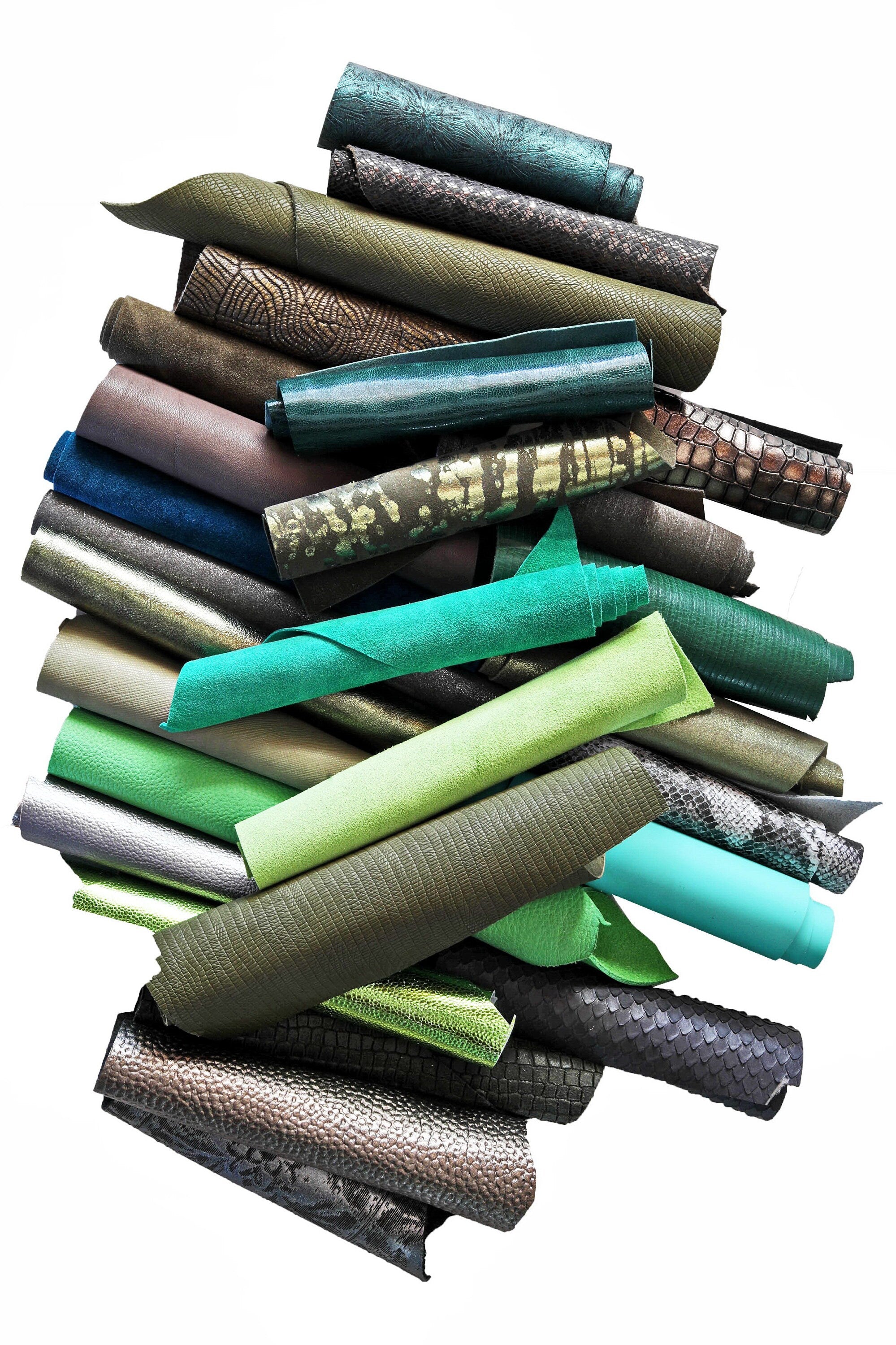 Assorted Green and Grey Leather, 5x6 Craft Cuts, Mixed Colors Textures and Finishes Leather scraps for crafter B052 La Garzarara