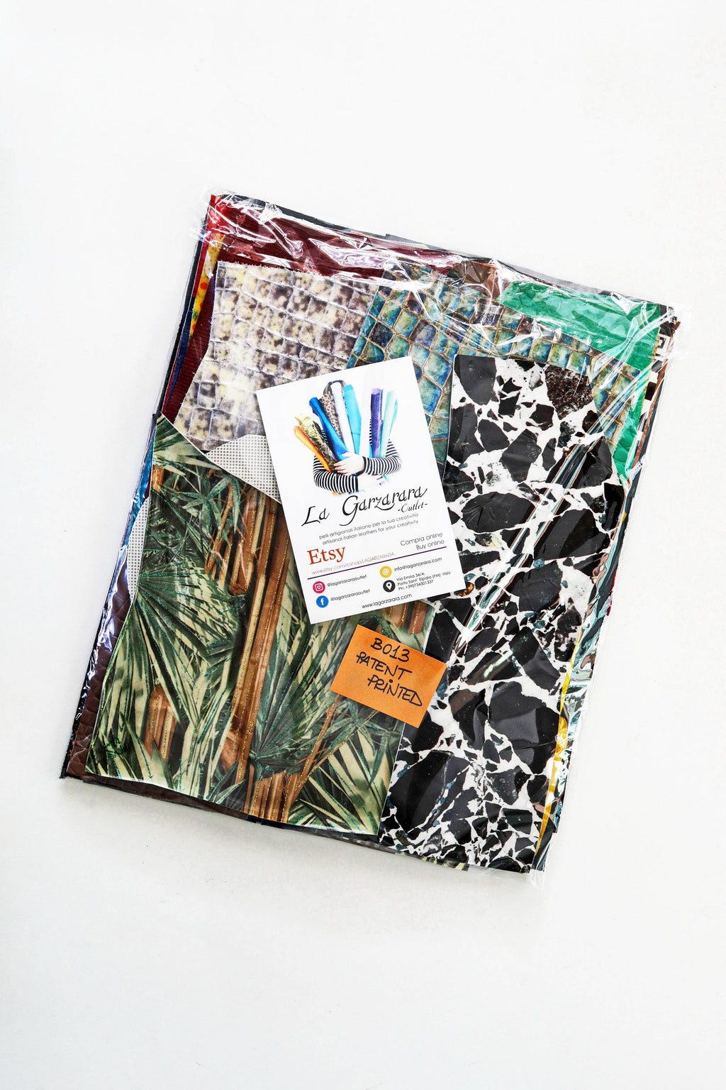 Glossy Printed Leather Scraps, Assorted Patterns and High Gloss Finishes, Unique Patent Craft Offcuts 300g 500g 1kg B011 La Garzarara
