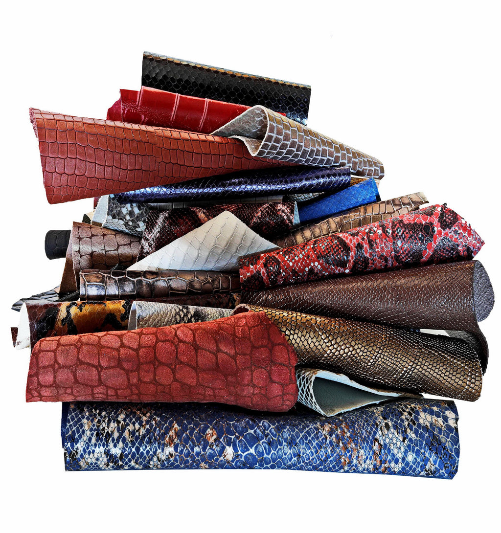 Python Croc Lizard Leather Pieces, 5x6 Exotic Pattern Scraps, Mixed Reptile Textures Offcuts from 0,7 lbs to 2 lbs B185 La Garzarara
