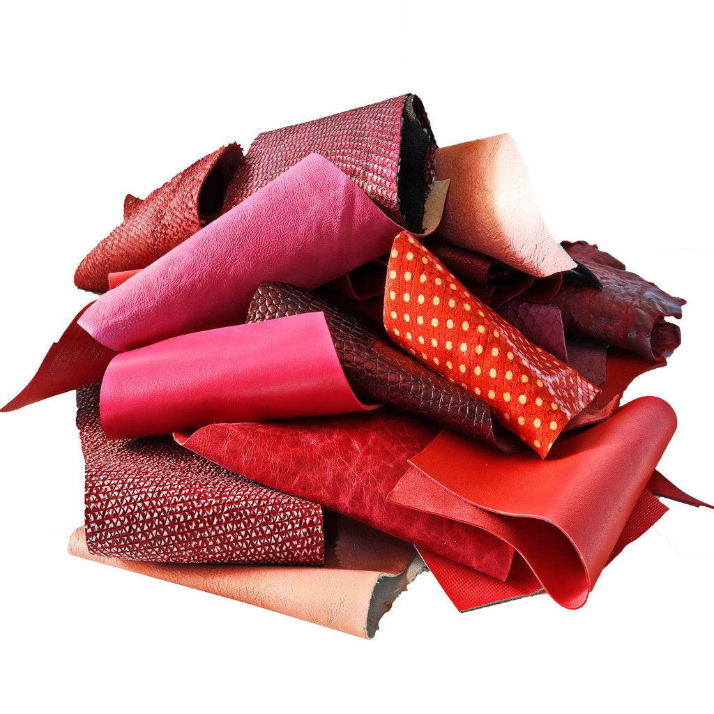 Red and Pink Craft Scraps, 5x6 Mixed Leather Pieces, Bright Shades and Assorted Textures Offcuts Renmants B052 La Garzarara