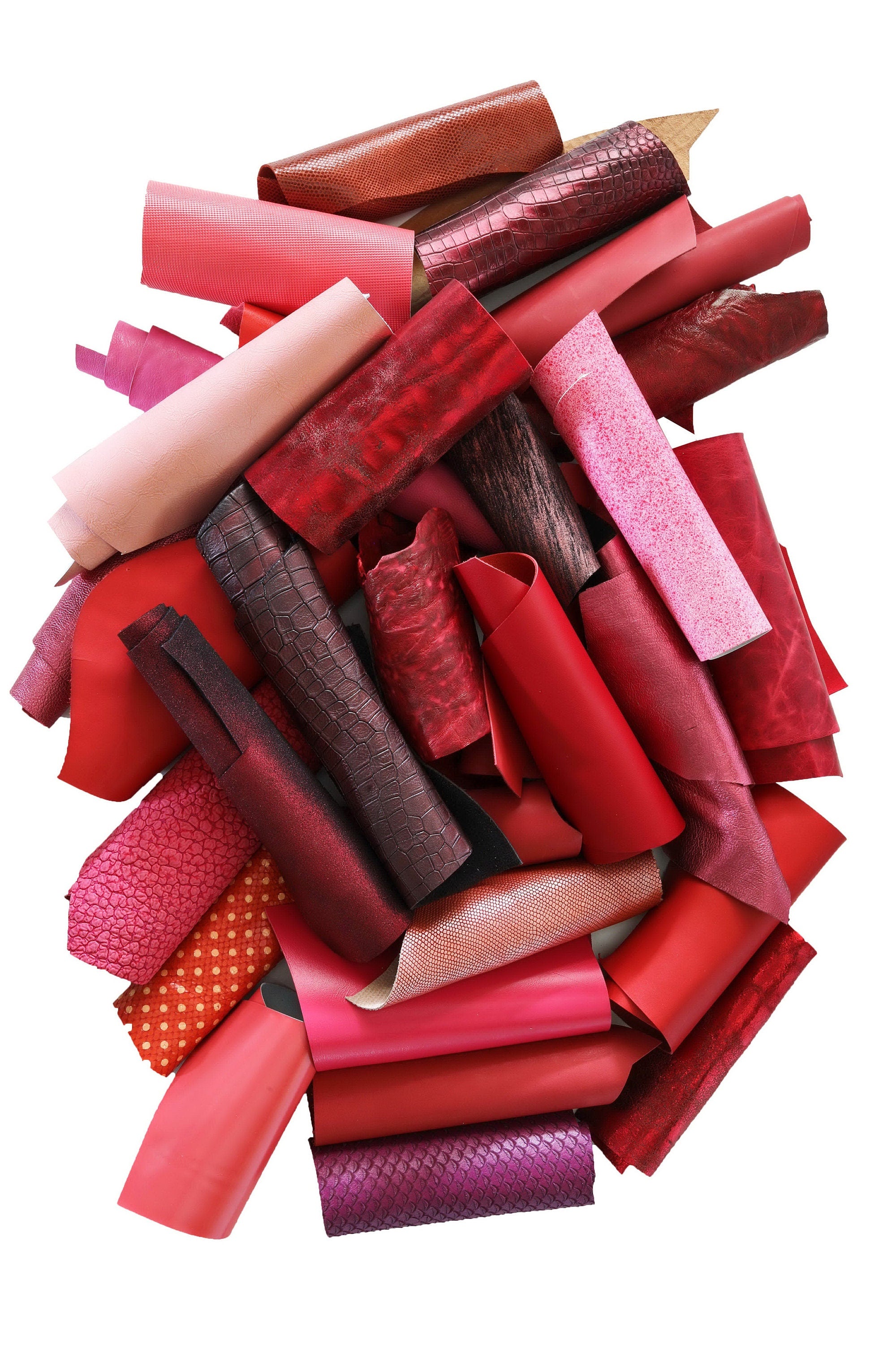 Red and Pink Craft Scraps, 5x6 Mixed Leather Pieces, Bright Shades and Assorted Textures Offcuts Renmants B052 La Garzarara