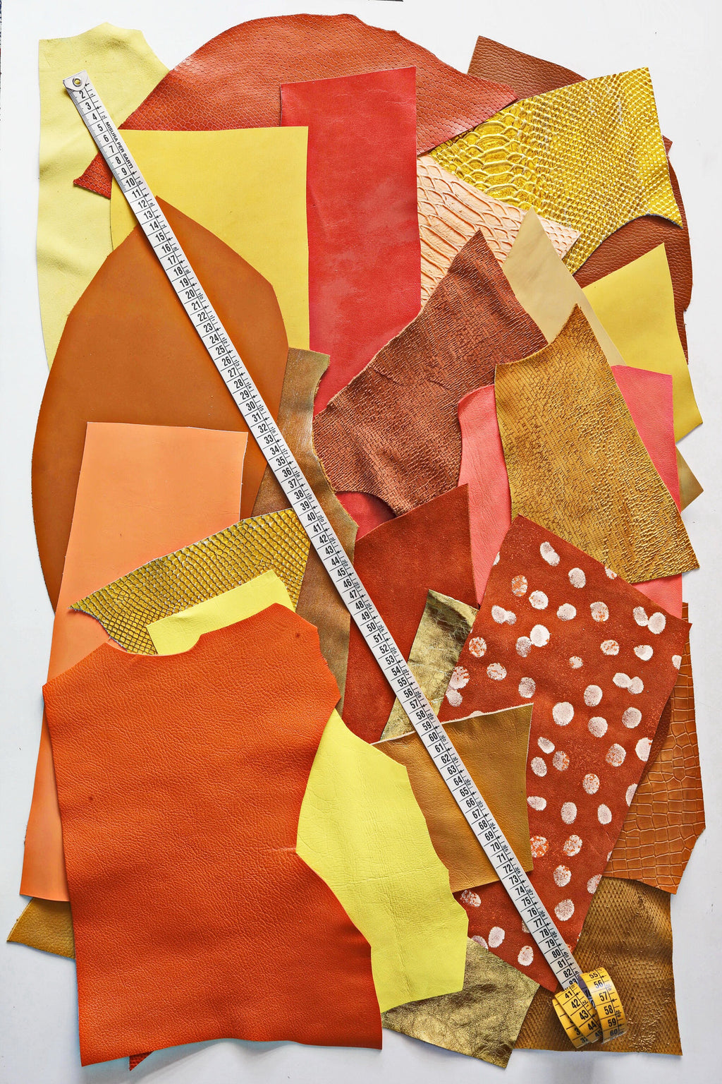 Orange and Gold Leather Scraps, Yellow Craft Offcuts, Mixed Patterns Textures and Special Finishes for Jewelry for 1 lbs and 2 lbs B055