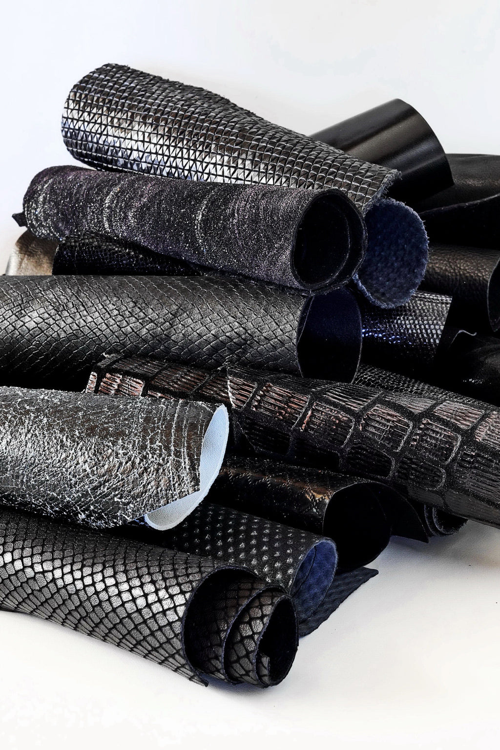 Jet Black Leather Pieces, Textured and Glossy Offcuts Black Leather Remnants, Mixed Texture Scraps B078