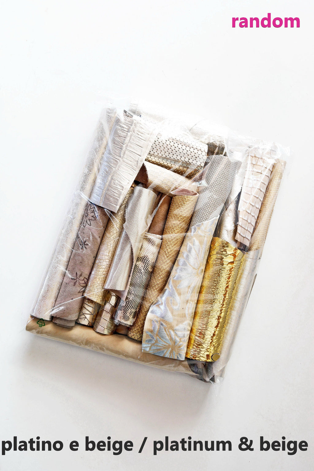 Leather scraps bag, GOLD, PLATINUM and BEIGE tones, fancy textures, foils and softness various, from 0,7 lbs to 2 lbs B080
